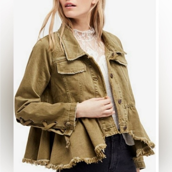 Free People Jackets & Blazers - Free People Willow Denim Raw Hem Denang peplum Military jacket Army Green EUC M